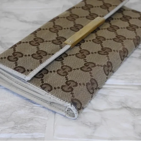 GUCCI Vintage Authentic Long Wallet Purse GG Canvas Leather White - Picture 3 of 9